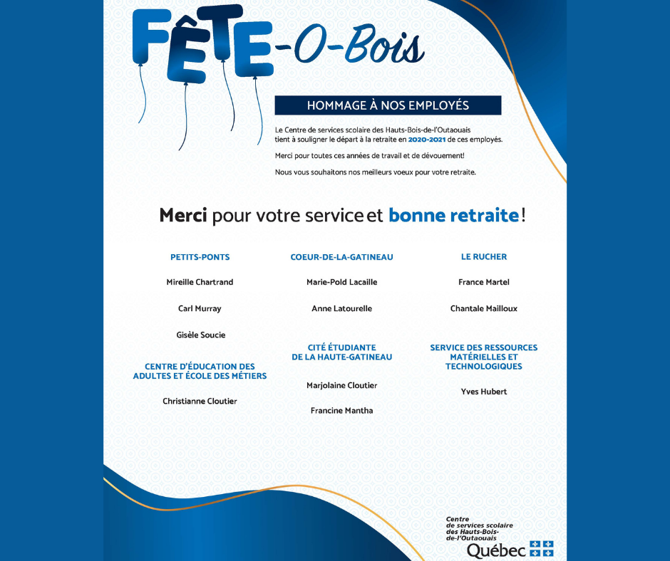 Le Centre de services scolaire des Hauts-Bois-de-l'Outaouais fête ses RETRAITÉS