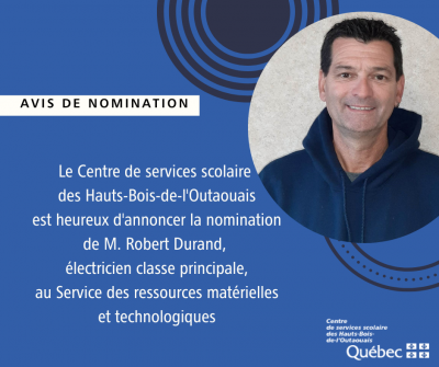 Nomination d'un électricien classe principale au Service des ressources matérielles et technologiques